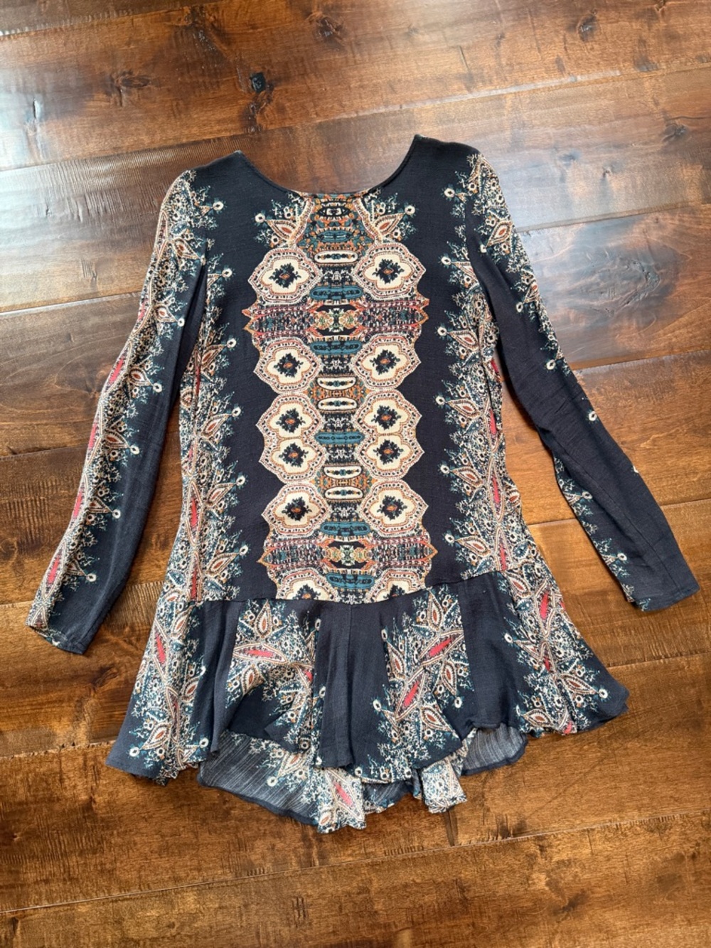 Free People Black Floral Backless Long Sleeve Mini Dress